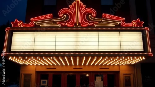 A vintage theater marquee with glowing lights, blank sign board, dark background, classic architectural design, retro style, inviting entrance