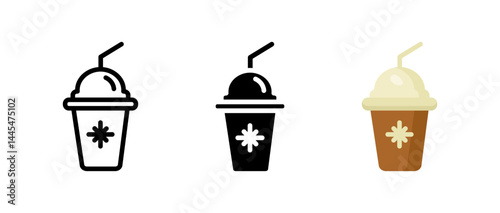 Frappe icon. Iced coffee drink in takeaway plastic cup with straw sign. Cold sweet beverage and summer refreshment symbol. Frozen cafe dessert pictogram. Chilled drink illustration.