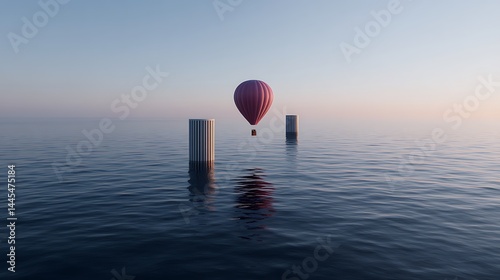 Wallpaper Mural A Serene Hot Air Balloon Floating Above Calm Waters with Cylindrical Structures Under Colorful Sky Torontodigital.ca