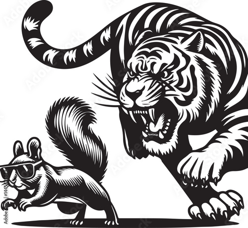 Fearless Tiger and Tiny Squirrel - Bold Graphic Design. A powerful black and white graphic of a tiger wearing sunglasses, roaring and appearing to chase a tiny squirrel.
