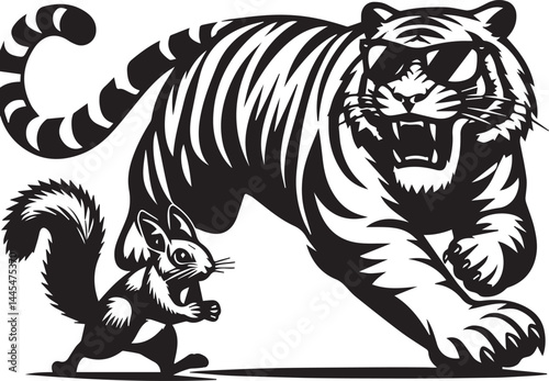 Fearless Tiger and Tiny Squirrel - Bold Graphic Design. A powerful black and white graphic of a tiger wearing sunglasses, roaring and appearing to chase a tiny squirrel.