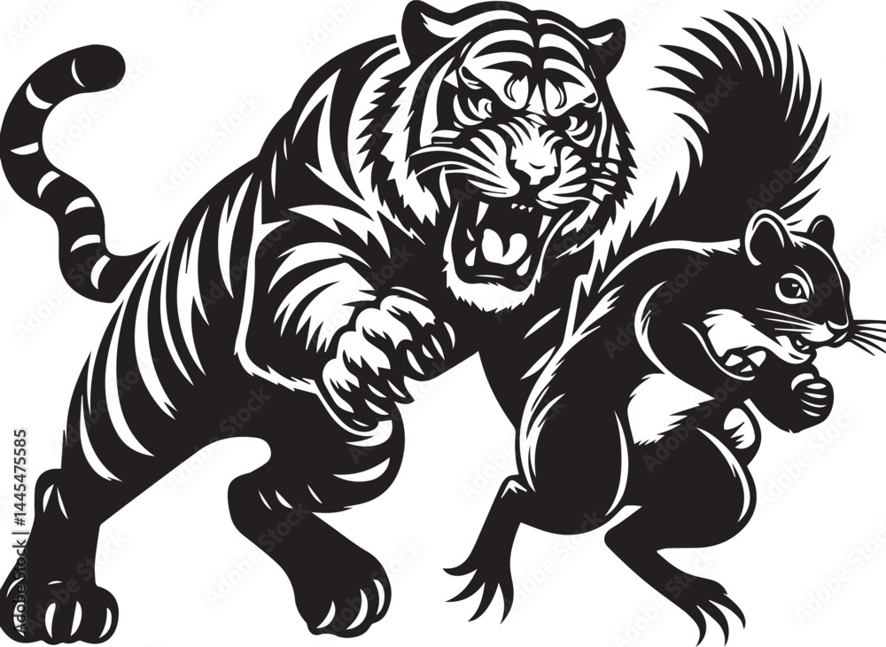 Fearless Tiger and Tiny Squirrel - Bold Graphic Design. A powerful black and white graphic of a tiger wearing sunglasses, roaring and appearing to chase a tiny squirrel. Fearless Tiger and Tiny Squirrel - Bold Graphic Design. A powerful black and white graphic of a tiger wearing sunglasses, roaring and appearing to chase a tiny squirrel.