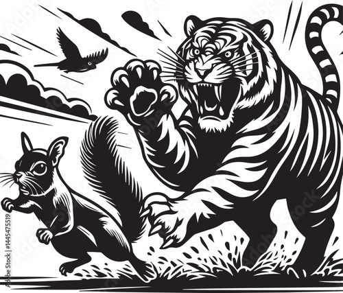 Fearless Tiger and Tiny Squirrel - Bold Graphic Design. A powerful black and white graphic of a tiger wearing sunglasses, roaring and appearing to chase a tiny squirrel.
