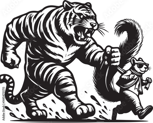 Fearless Tiger and Tiny Squirrel - Bold Graphic Design. A powerful black and white graphic of a tiger wearing sunglasses, roaring and appearing to chase a tiny squirrel.