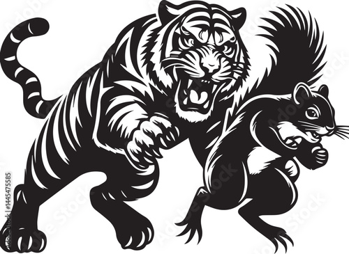 Fearless Tiger and Tiny Squirrel - Bold Graphic Design. A powerful black and white graphic of a tiger wearing sunglasses, roaring and appearing to chase a tiny squirrel.