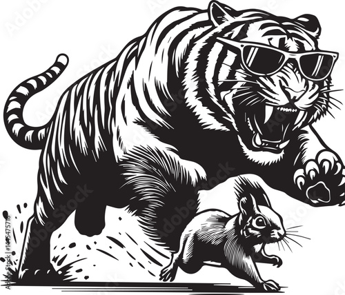 Fearless Tiger and Tiny Squirrel - Bold Graphic Design. A powerful black and white graphic of a tiger wearing sunglasses, roaring and appearing to chase a tiny squirrel.