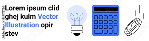 Light bulb with sprouts, calculator for financial calculations, and falling coin represent sustainability, money management, innovation, eco-friendly solutions. Ideal for business, finance, energy