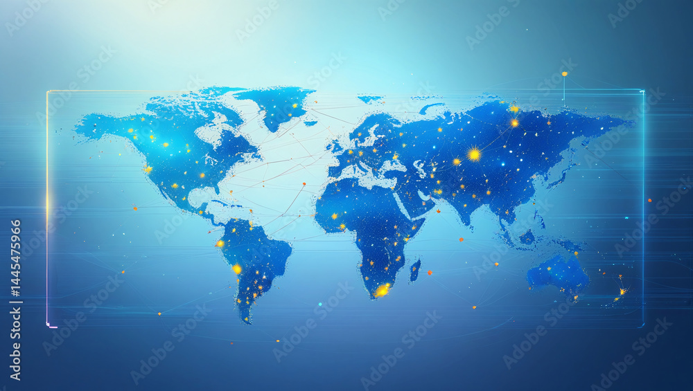 Obraz premium This image showcases a digital themed world map. The continents are depicted using a network of blue dots, symbolizing connectivity and data.