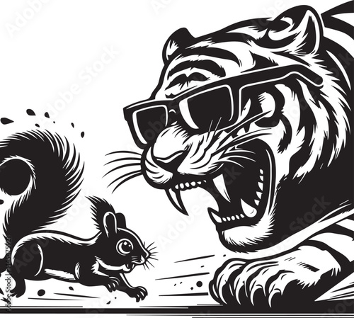 Fearless Tiger and Tiny Squirrel - Bold Graphic Design. A powerful black and white graphic of a tiger wearing sunglasses, roaring and appearing to chase a tiny squirrel.