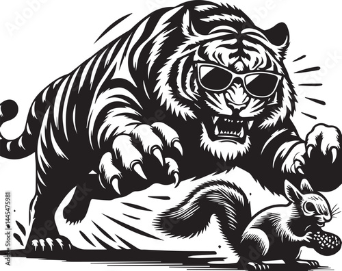 Fearless Tiger and Tiny Squirrel - Bold Graphic Design. A powerful black and white graphic of a tiger wearing sunglasses, roaring and appearing to chase a tiny squirrel.