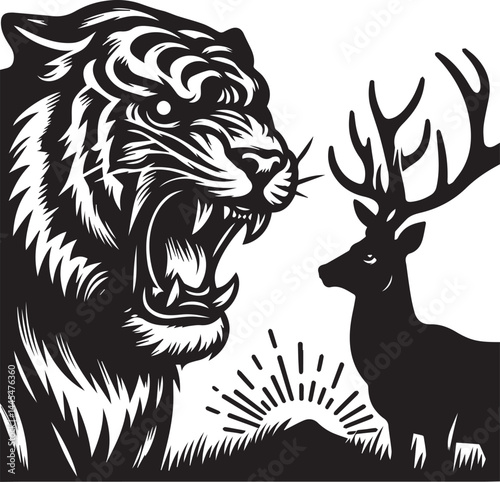 Confrontation between a majestic tiger and a deer in a powerful, black and white graphic design. This bold graphic depicts a powerful tiger facing off against a deer in a dramatic, black and white sty