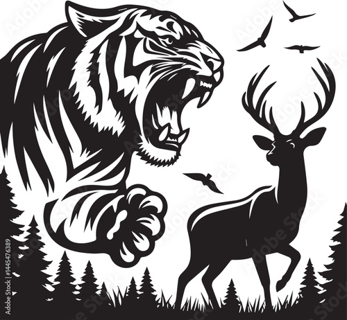 Confrontation between a majestic tiger and a deer in a powerful, black and white graphic design. This bold graphic depicts a powerful tiger facing off against a deer in a dramatic, black and white sty