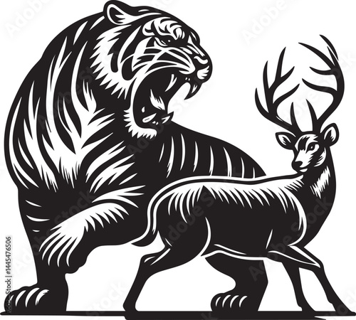 Confrontation between a majestic tiger and a deer in a powerful, black and white graphic design. This bold graphic depicts a powerful tiger facing off against a deer in a dramatic, black and white sty