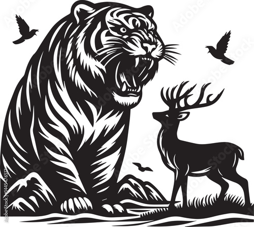 Confrontation between a majestic tiger and a deer in a powerful, black and white graphic design. This bold graphic depicts a powerful tiger facing off against a deer in a dramatic, black and white sty