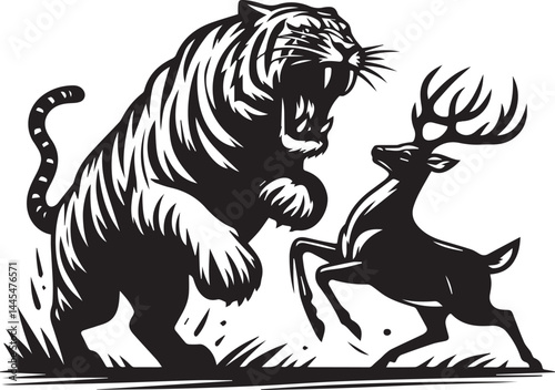 Confrontation between a majestic tiger and a deer in a powerful, black and white graphic design. This bold graphic depicts a powerful tiger facing off against a deer in a dramatic, black and white sty