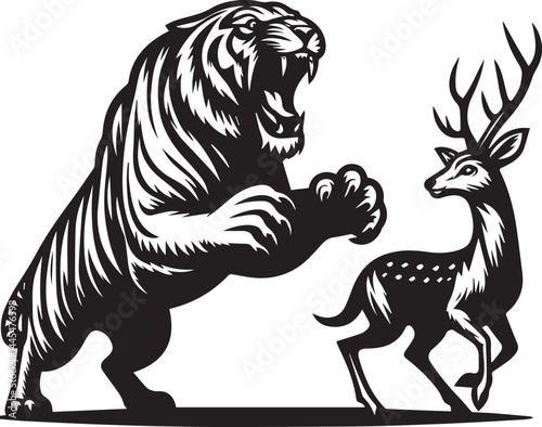 Confrontation between a majestic tiger and a deer in a powerful, black and white graphic design. This bold graphic depicts a powerful tiger facing off against a deer in a dramatic, black and white sty