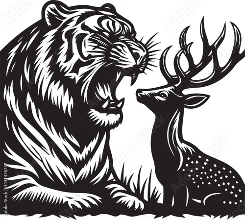 Confrontation between a majestic tiger and a deer in a powerful, black and white graphic design. This bold graphic depicts a powerful tiger facing off against a deer in a dramatic, black and white sty