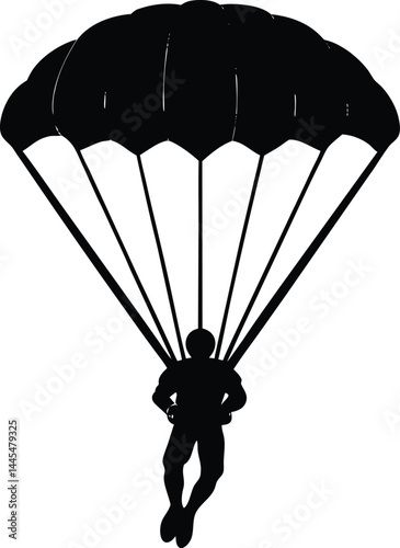 black silhouette of a parachutist descending on white background