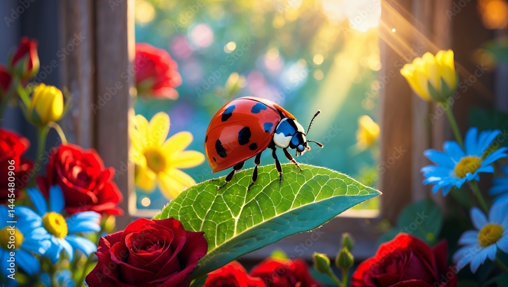 Ladybug on Leaf Surrounded by Flowers in Sunlight Ladybug on Leaf Surrounded by Flowers in Sunlight