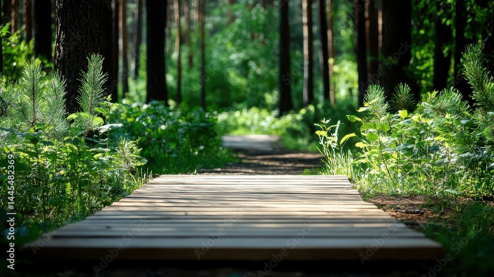 Serene pathway through a lush green forest with wooden planks. Serene pathway through a lush green forest with wooden planks.