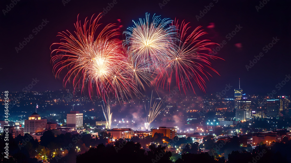 Night city skyline illuminated massive fireworks Night city skyline illuminated massive fireworks