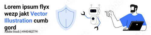 Man using laptop, shield symbol highlighting protection, and robot indicating technology. Ideal for AI, cybersecurity, teamwork, innovation, education, remote work flat landing page banner