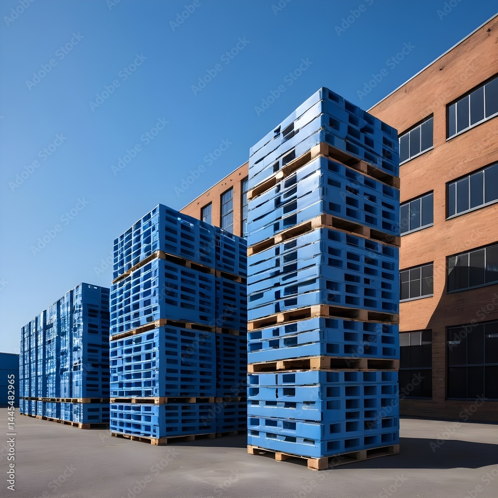 Fototapeta premium Stacked Blue Pallets Outside a Warehouse