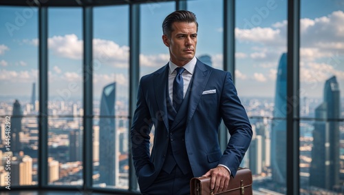 A confident Caucasian businessman in a sharp navy suit stands by a window overlooking a cityscape. He holds a briefcase, exuding success and ambition. photo