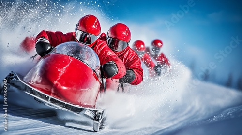A bobsled team racing down an ice track with ice shavings and motion blur frozen in a cryo action shot