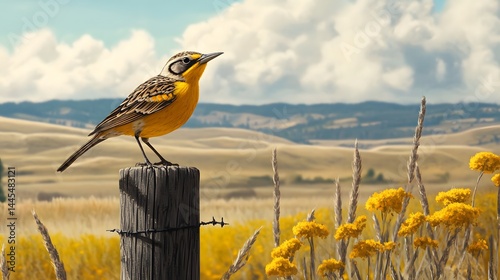 Western Meadowlark Perched on Fence Post in Blooming Prairie Field