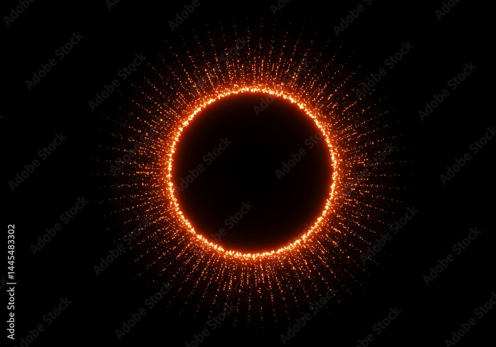 Naklejka premium A ring of bright orange particles surrounding a black circle in a dark background with light rays