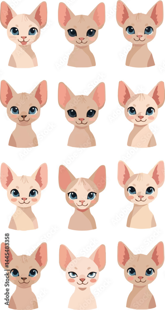 Fototapeta premium A collection of cute cartoon kitten pet heads in a modern flat illustration style, showcasing a hairless Sphynx cat with wrinkled skin and large ears, set against a white background.