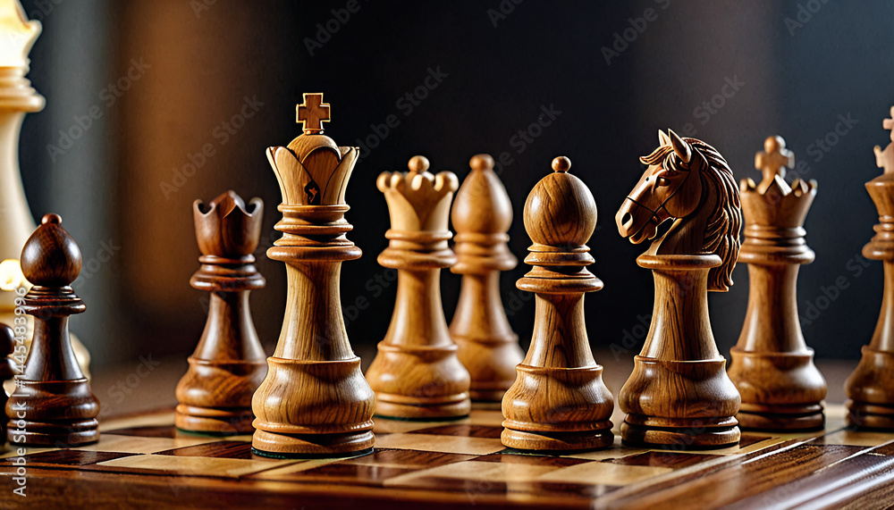 Close-Up of a Chessboard with Wooden Pieces
