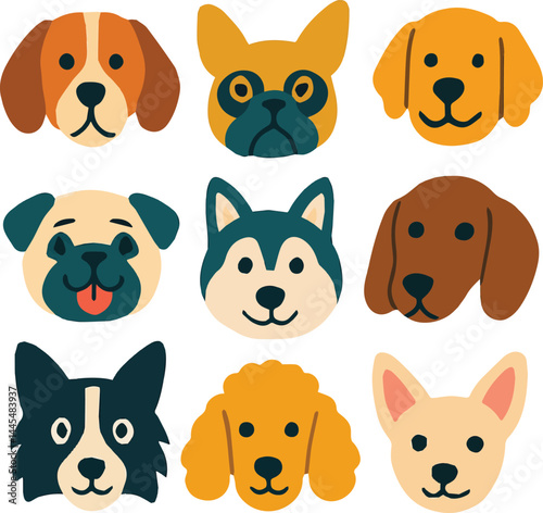 Create a Funny dog animal head icon cartoon set in quirky colorful flat illustration style. Cute doggy pet face collection, diverse domestic dogs.