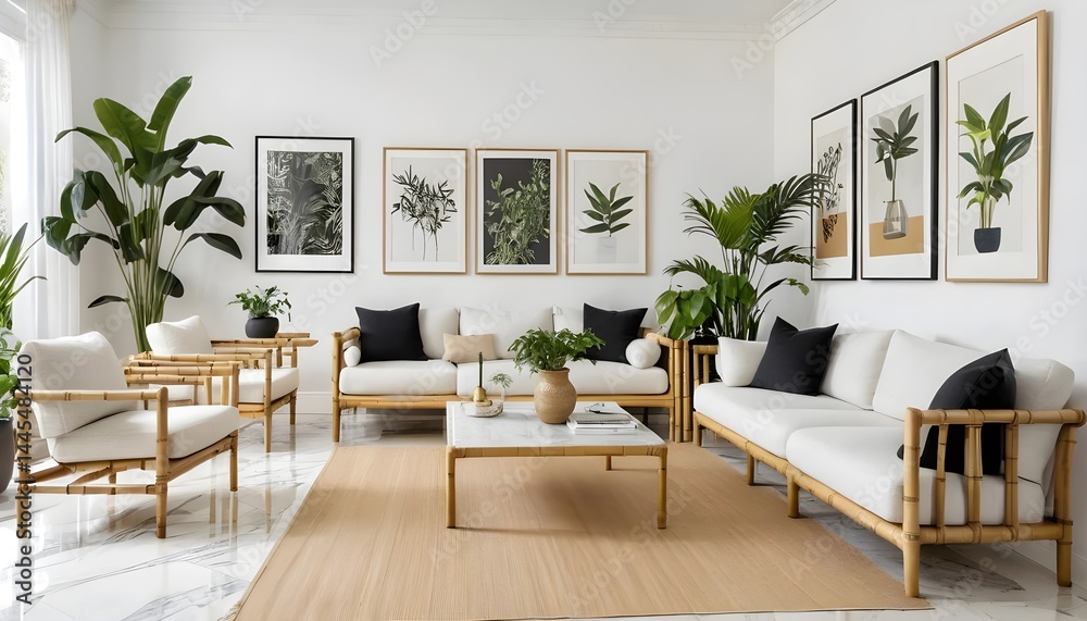 Fototapeta premium Modern Living Room with Bamboo Furniture and Tropical Plants