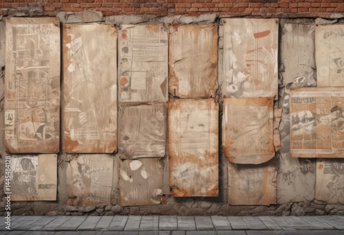 Weathered paper posters, urban wall, various sizes, glued  , brick, paper, city