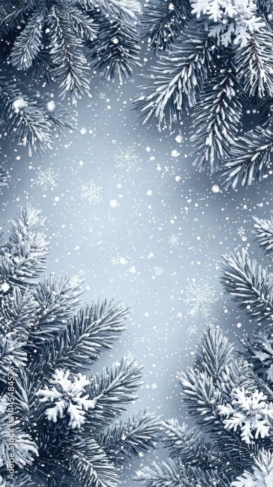 Festive winter holiday background with snow covered pine branches framing a snowy blue winter landscape for seasonal greeting cards or holiday design Festive winter holiday background with snow covered pine branches framing a snowy blue winter landscape for seasonal greeting cards or holiday design