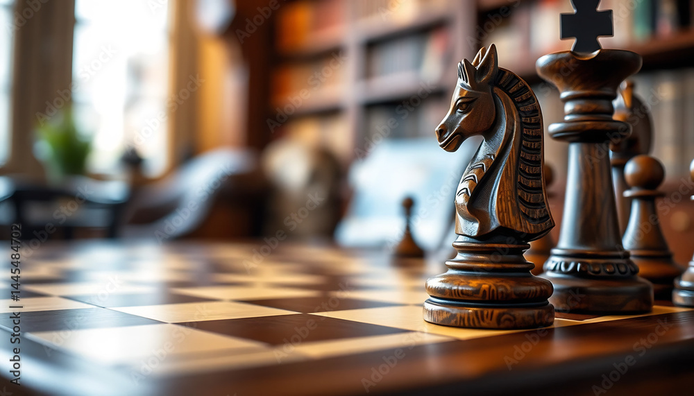 Close-Up of a Chessboard with Wooden Pieces
