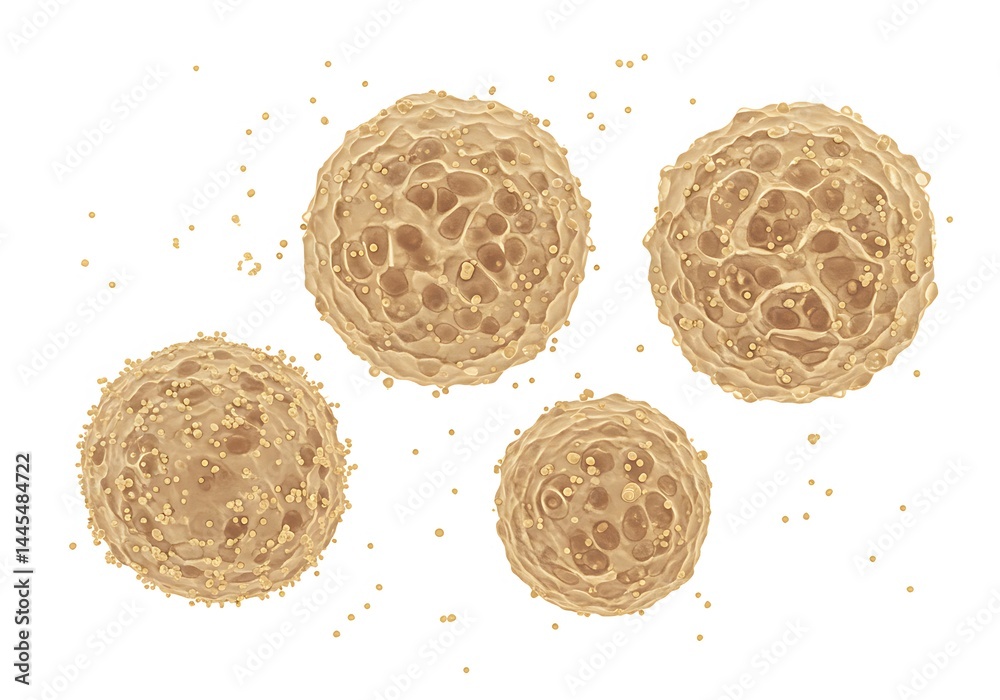 Fototapeta premium Illustration showing four cells with textured surfaces and small particles around them on white