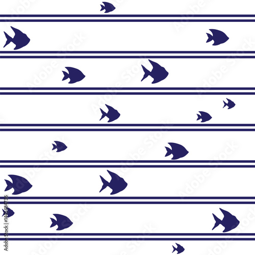 Blue school of fish swimming seamless pattern vector print. Ocean or sea color stripes background. Shoal of fishes underwater in the sea. Marine fish summer seamless pattern design.