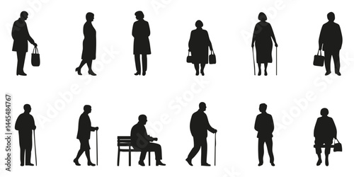 Elderly People In Various Poses Silhouette Set. Aging, Mobility, And Lifestyle Representation. Isolated Vector Illustration Collection