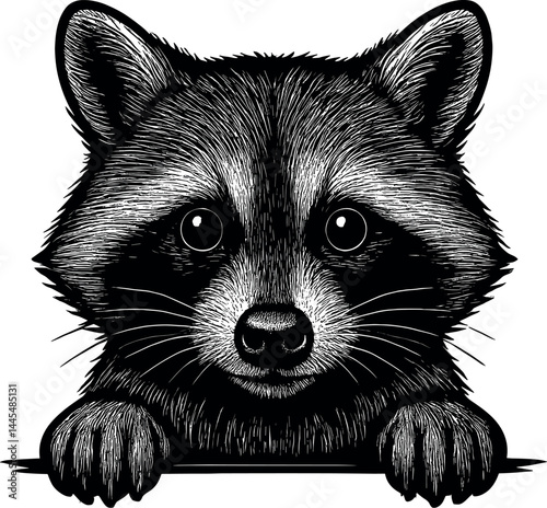 Mischievous Raccoon Visage Peeking Vector Black Silhouette Cricut Print Design Isolated On A Plain White Background