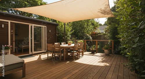 Sun-Drenched Deck Oasis: Modern Outdoor Living Space with Wooden Deck and Shade Sail