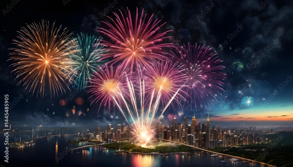 Fireworks over City Skyline at Night Fireworks over City Skyline at Night