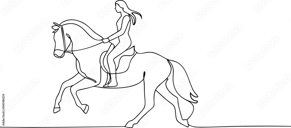 Fototapeta premium Continuous single line drawing of a female rider on a galloping horse in minimalist linear art style