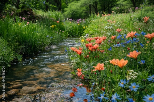 Fototapeta Naklejka Na Ścianę i Meble -  Streamside wildflowers in vibrant bloom