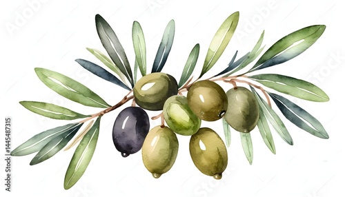 Watercolor Olive Branch with Ripe Olives