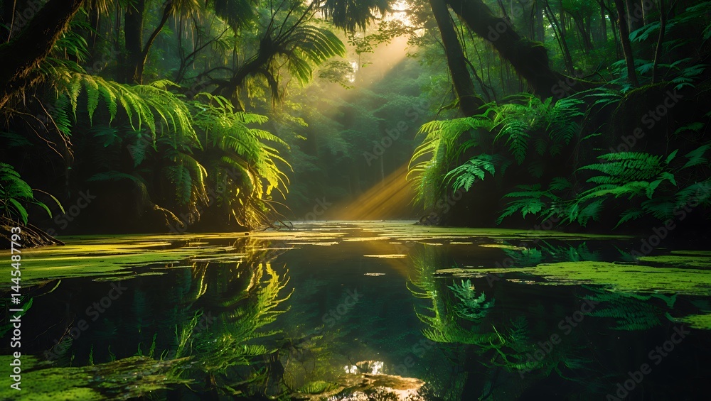 Fototapeta premium Jungle river with bright sunlight in green forest