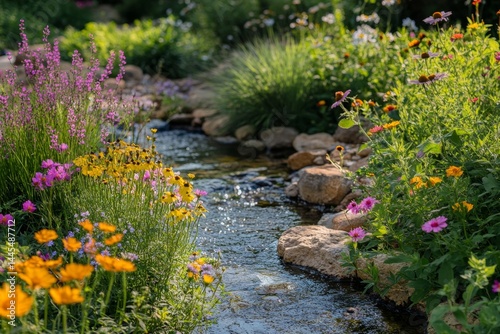 Tranquil garden stream with vibrant flowers
