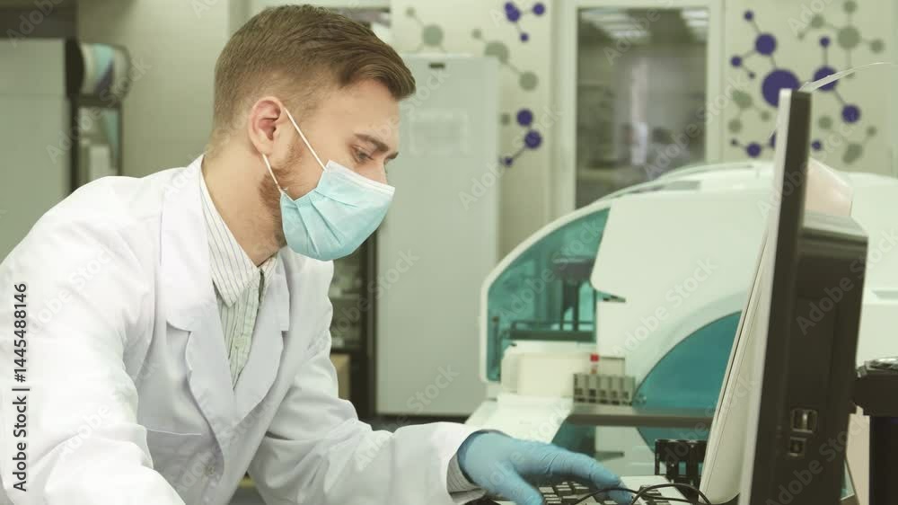 Focused laboratory worker analyzes test results on a computer Focused laboratory worker analyzes test results on a computer